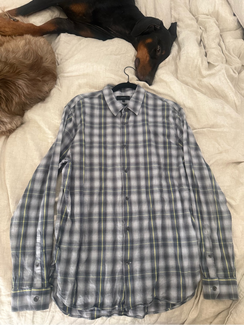 Vince Men's Plaid Button-Up Shirt - Gray with Yellow Accents L